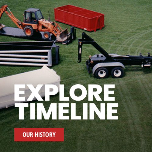 Early photo of a Stellar hooklift. Text stays "Explore Timeline" with a button to "Our History"