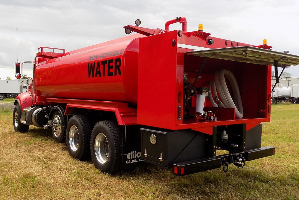 red water truck back view with panel open